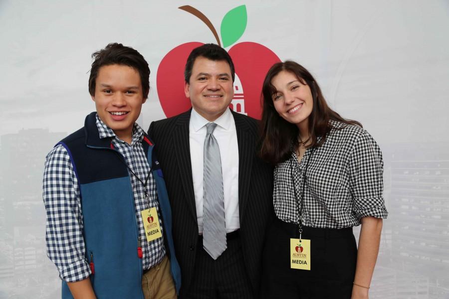 Senior media manager Sonny Stephens, Superintendent Dr. Paul Cruz, and senior entertainment editor Ana Szachacz at the AISD film premieres. 