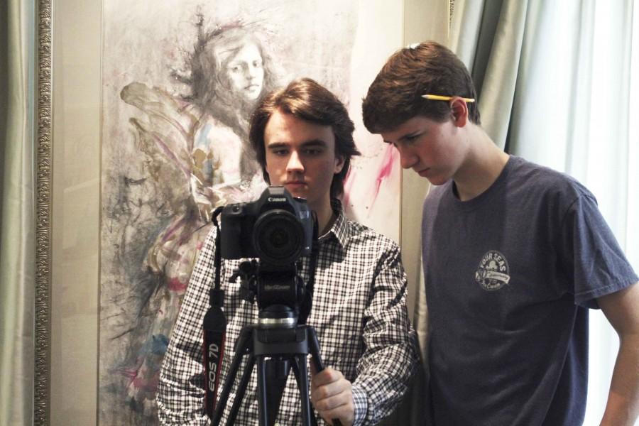 Freshman Jack Fessenden and Sophomore Quinn Holmes shoot a scene from the short film 