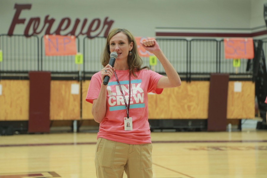 Principal Amy Taylor gives an inspiring speech about what it means to be a Maroon to prospective freshmen during Link Crew's summer Maroon Round-Up.